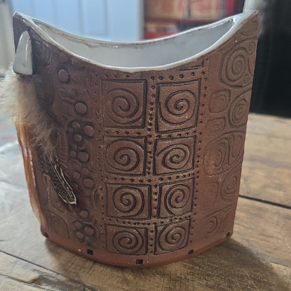 Artisan Brown Spiral Vase with Feather Accent